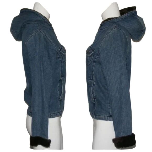 Vintage LEE Hooded Denim Coat, YL, Blue, Brown Fuzzy lining, Zipper, Pockets - Picture 10 of 15